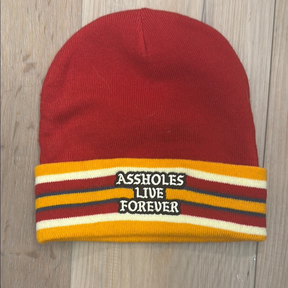 Assholes Live Forever Red and Yellow Striped Beanie Hat Men’s or women’s